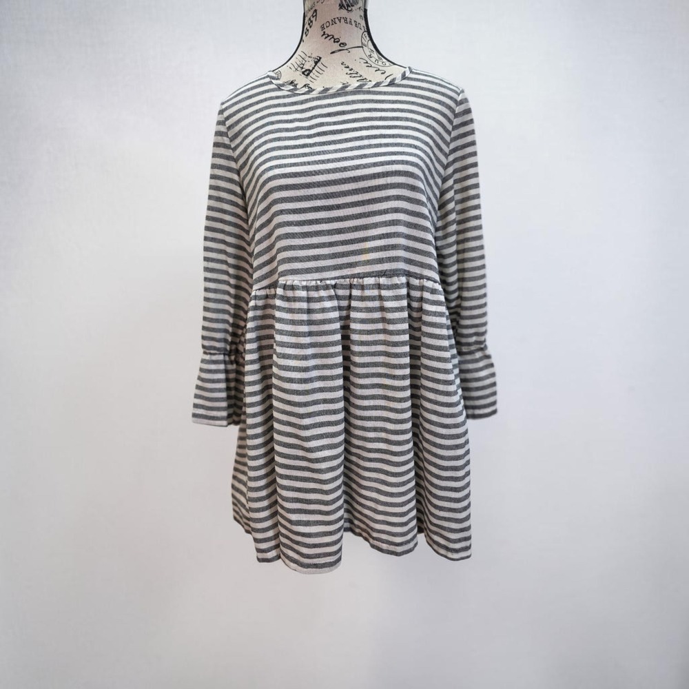 POL Striped Babydoll Tunic Top  Medium Grey White Cottagecore  Peasant Ruffle
